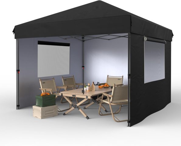 10x10 Pop Up Canopy Tent Outdoor Canopy One-Person Set Up Heavy Duty Commercial Instant Tent Shelter, 3-Sidewall+Black